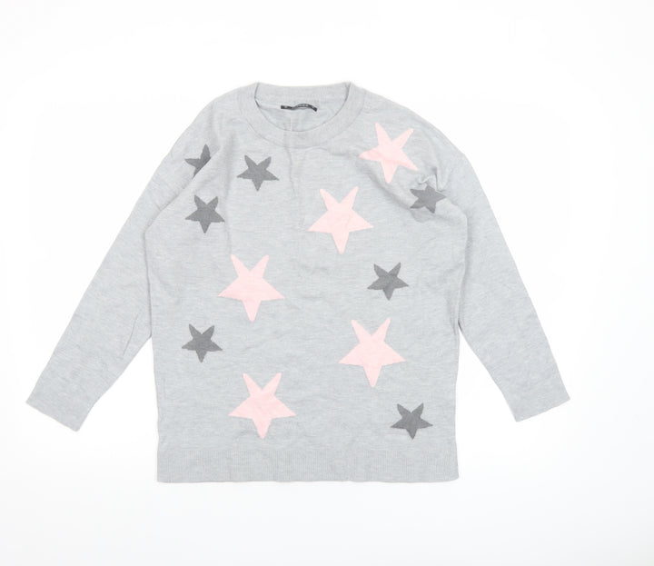 Dunnes Womens Grey Star Knit Crew Neck Pullover Jumper Size S