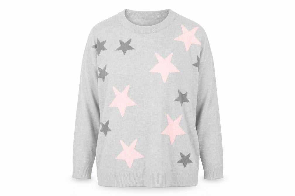 Front view of Dunnes women’s grey star knit crew neck jumper, size S