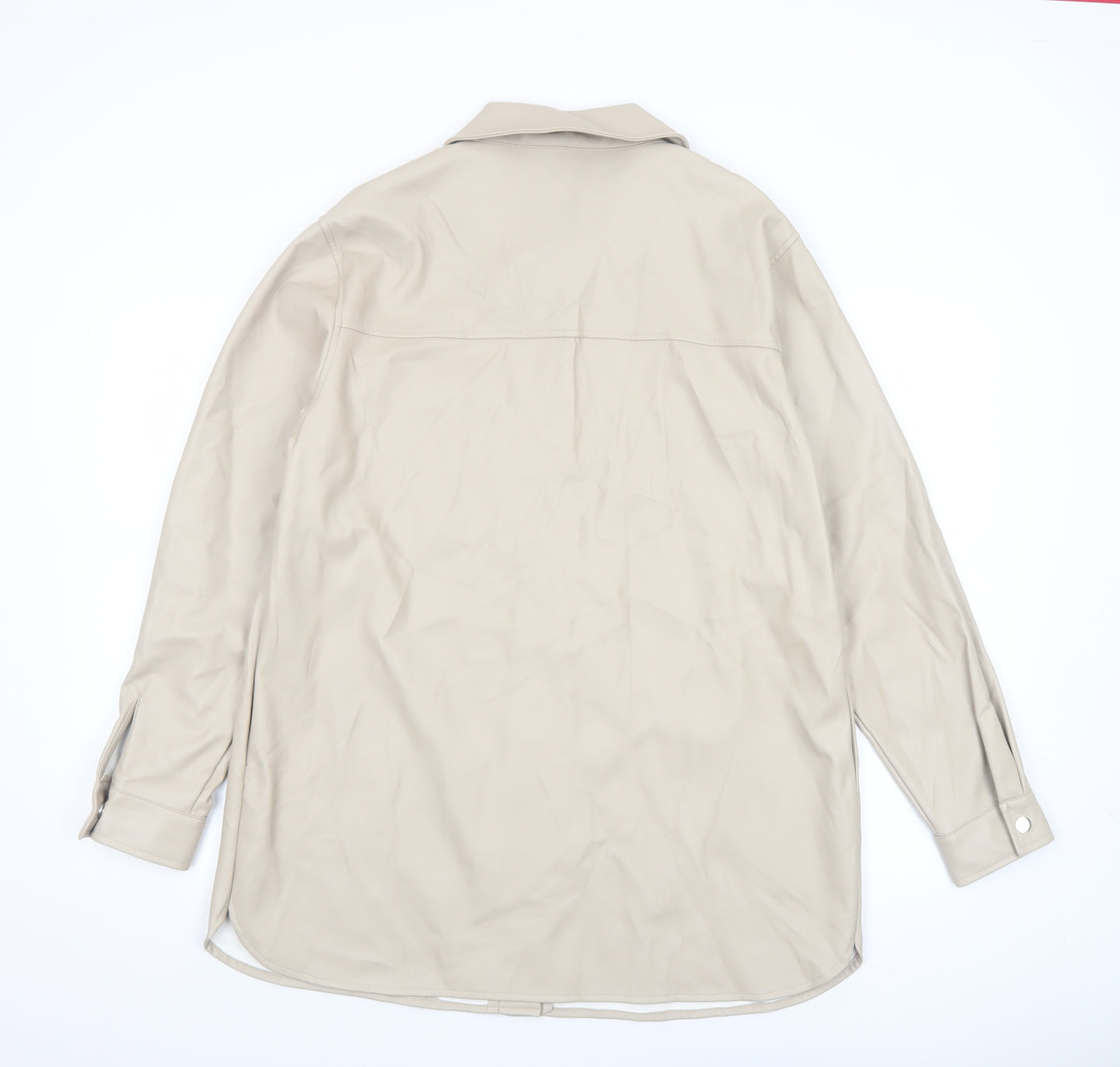 F&F Women’s Beige Faux Leather Jacket Size 12 Mid-Length Collared