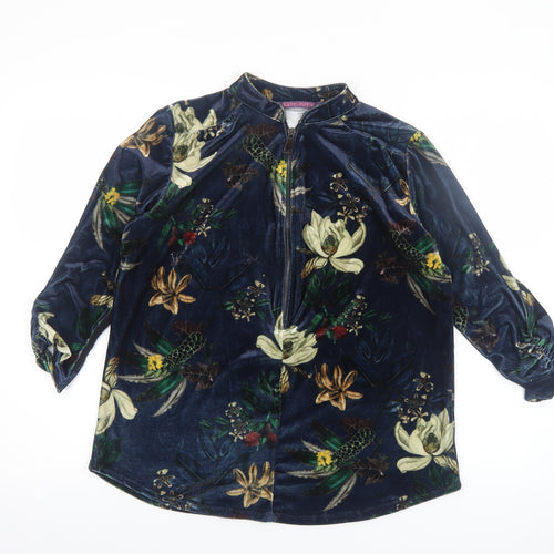 Kate + Pippa Women’s Blue Floral Velvet Zip Tunic Blouse Size L