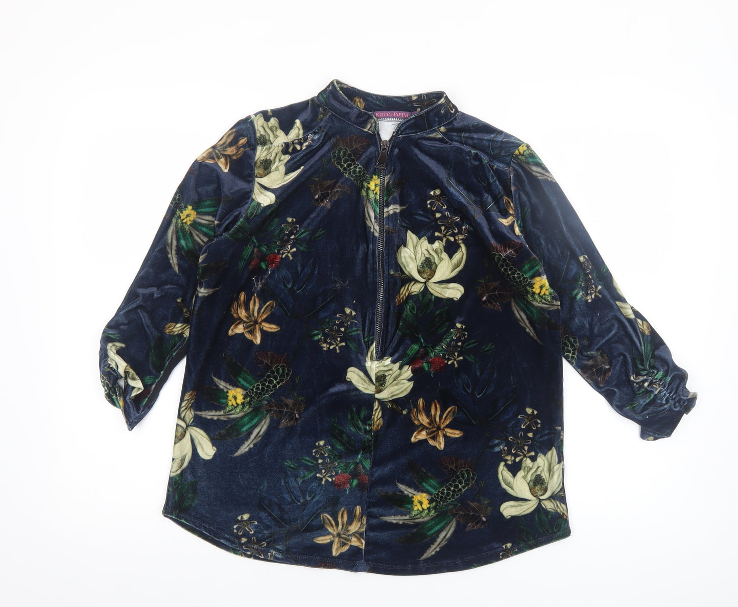 Kate + Pippa Women’s Blue Floral Velvet Zip Tunic Blouse Size L