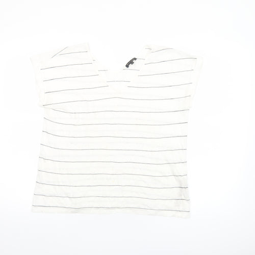 Massimo Dutti Womens White Striped Linen Blend V-Neck T-Shirt Size 12