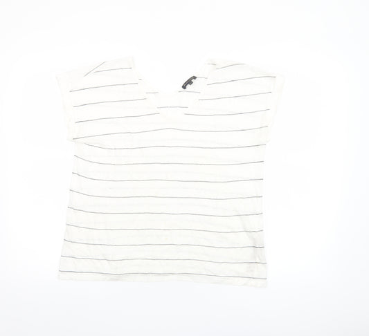 Massimo Dutti Womens White Striped Linen Blend V-Neck T-Shirt Size 12