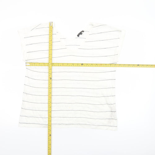 Massimo Dutti Womens White Striped Linen Blend V-Neck T-Shirt Size 12