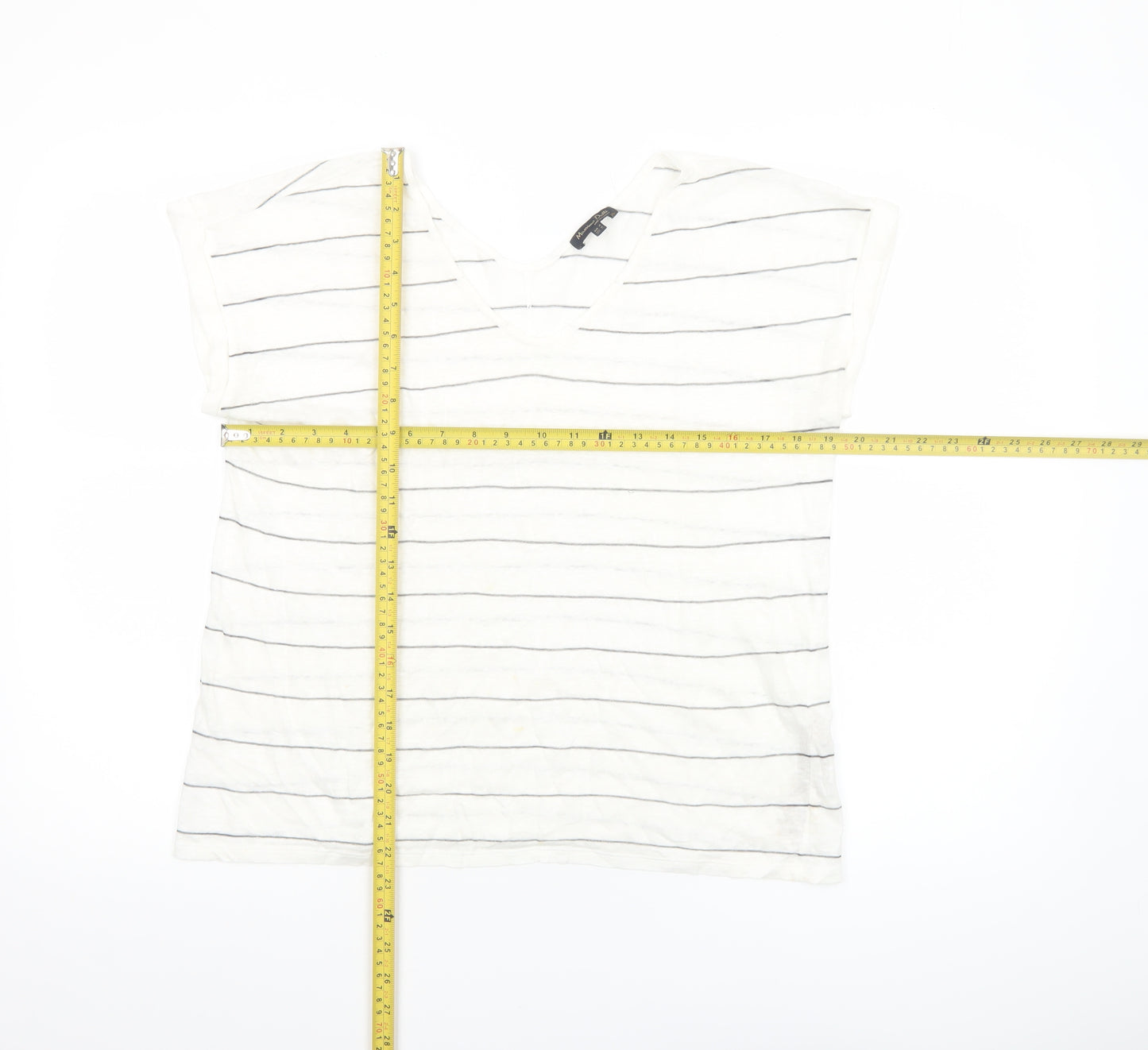 Massimo Dutti Womens White Striped Linen Blend V-Neck T-Shirt Size 12