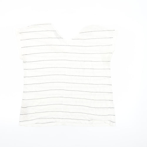 Massimo Dutti Womens White Striped Linen Blend V-Neck T-Shirt Size 12