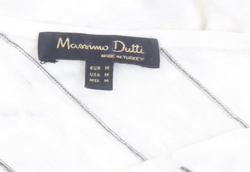 Massimo Dutti Womens White Striped Linen Blend V-Neck T-Shirt Size 12
