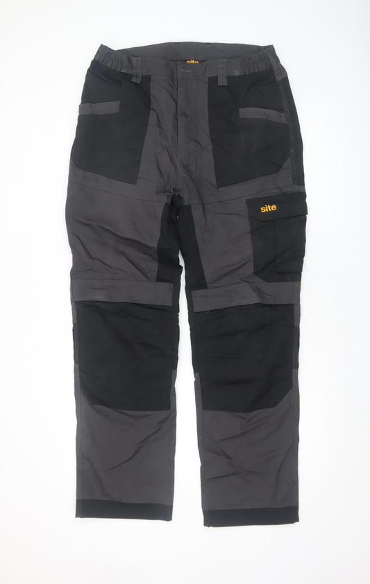 Site Men's Grey Black Cargo Work Trousers W36 L32 Durable Cotton Blend