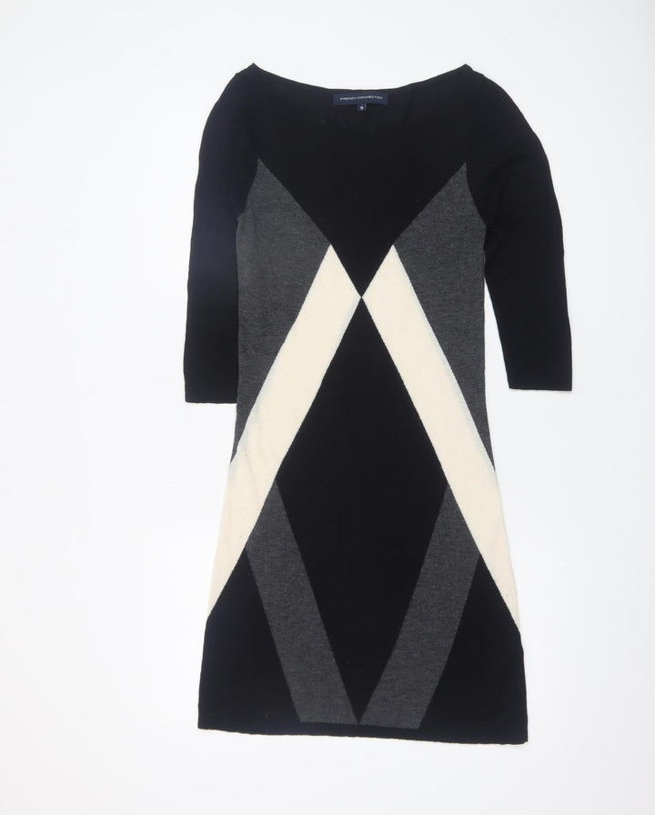 French Connection Women’s Black Grey Beige Knit Sheath Dress Size 10