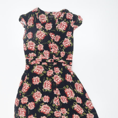 Topshop Women's Black Floral Fit & Flare Dress UK 8 Short Sleeve