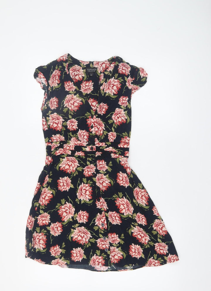 Topshop Women's Black Floral Fit & Flare Dress UK 8 Short Sleeve