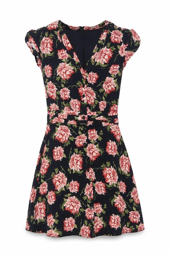 Topshop Women's Black Floral Fit & Flare Dress UK 8 Short Sleeve