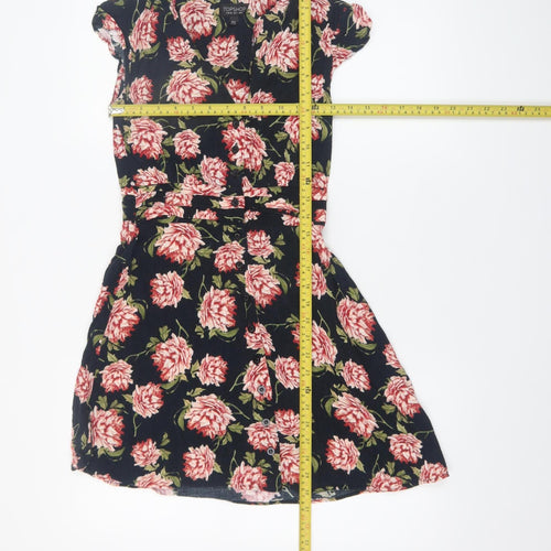 Topshop Women's Black Floral Fit & Flare Dress UK 8 Short Sleeve