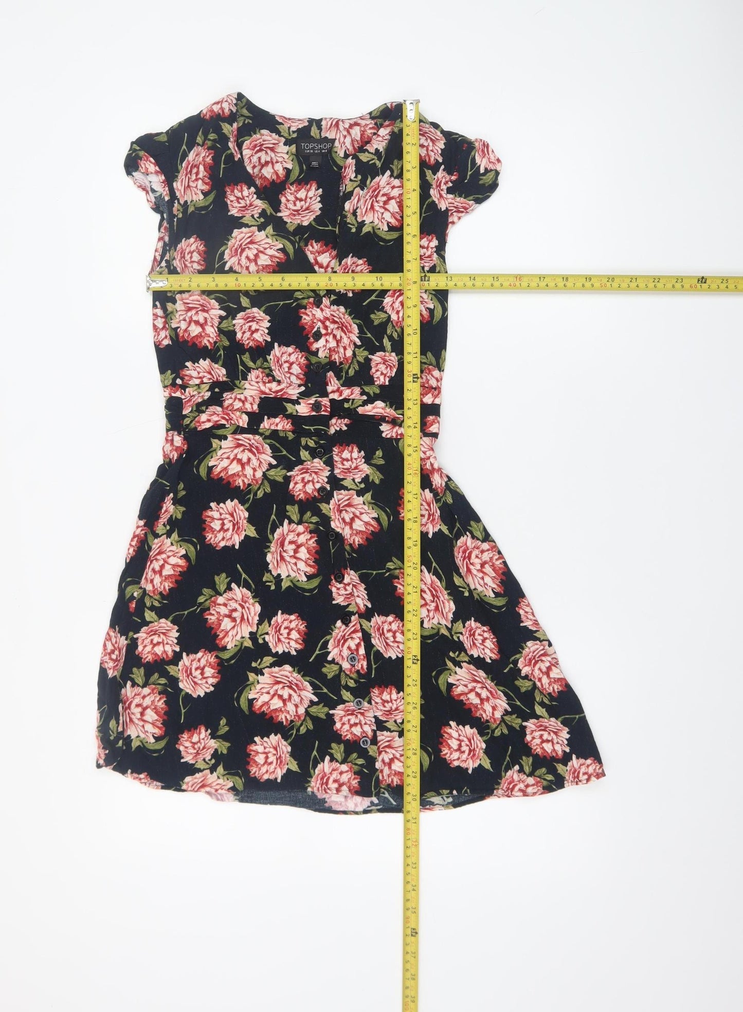 Topshop Women's Black Floral Fit & Flare Dress UK 8 Short Sleeve
