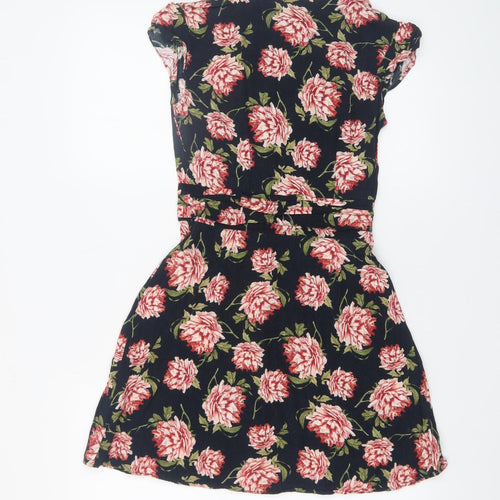 Topshop Women's Black Floral Fit & Flare Dress UK 8 Short Sleeve
