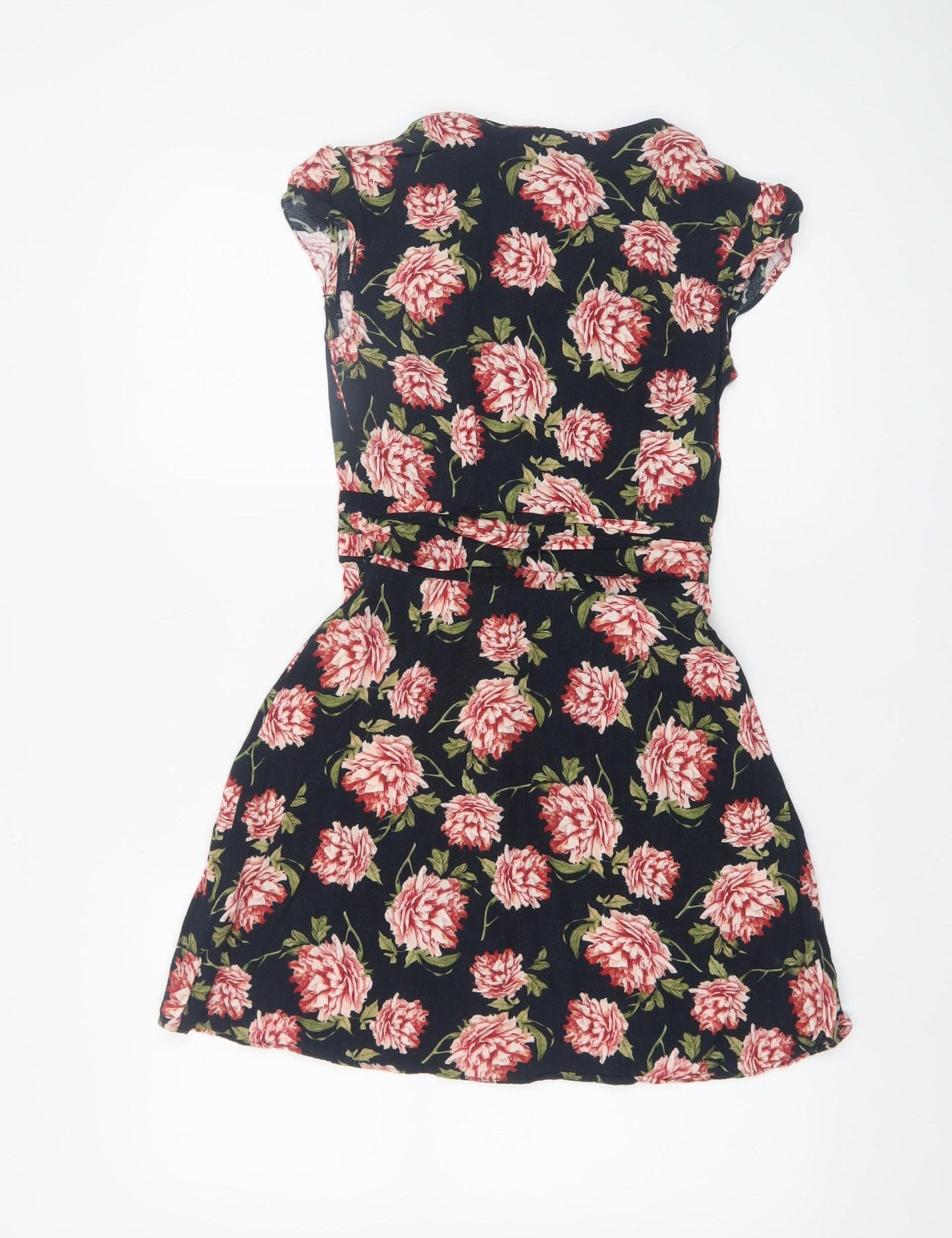 Topshop Women's Black Floral Fit & Flare Dress UK 8 Short Sleeve