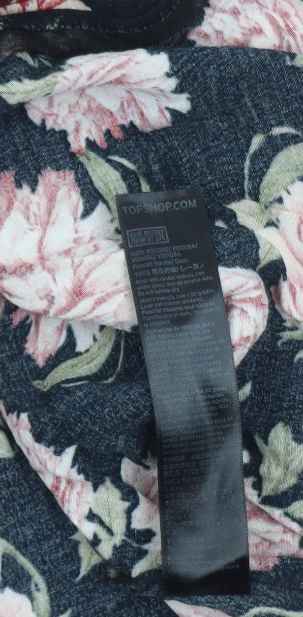 Topshop Women's Black Floral Fit & Flare Dress UK 8 Short Sleeve