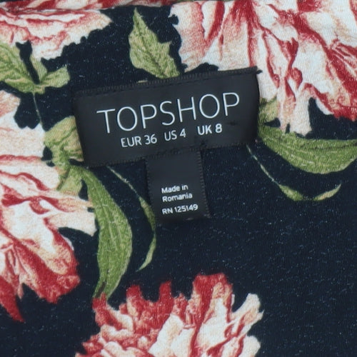 Topshop Women's Black Floral Fit & Flare Dress UK 8 Short Sleeve