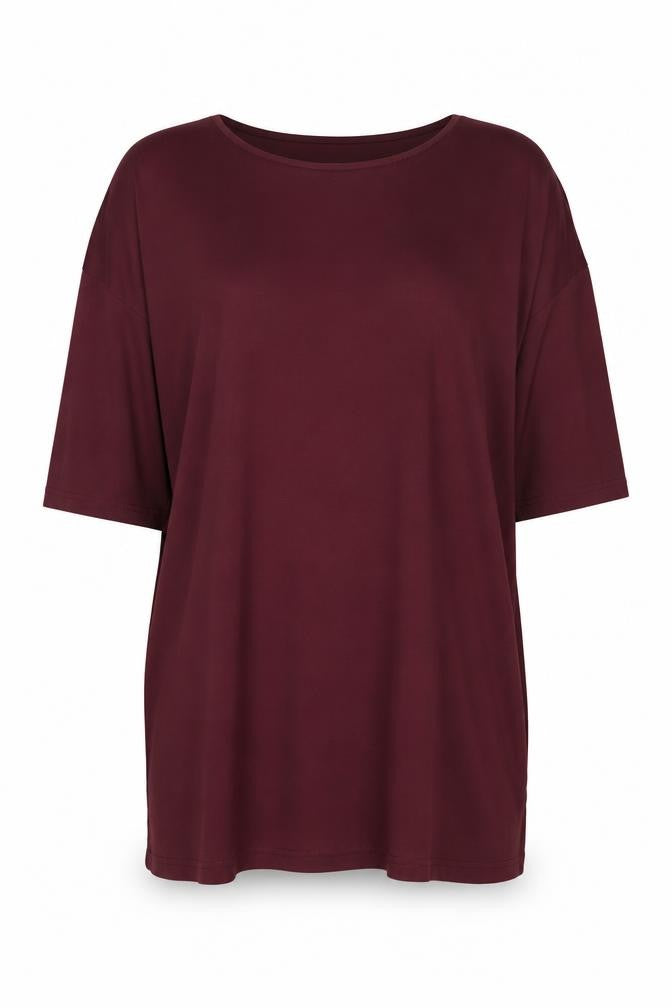 Front view of Hush Women's Red Basic Jersey Boat Neck T-Shirt, size S