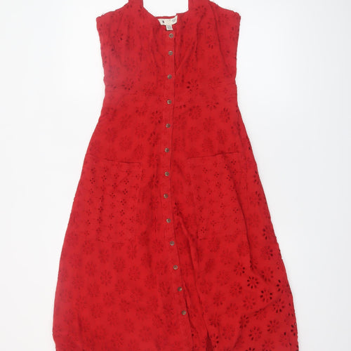 Yumi Women Red Cotton A-Line Sleeveless Knee Length Dress UK 8