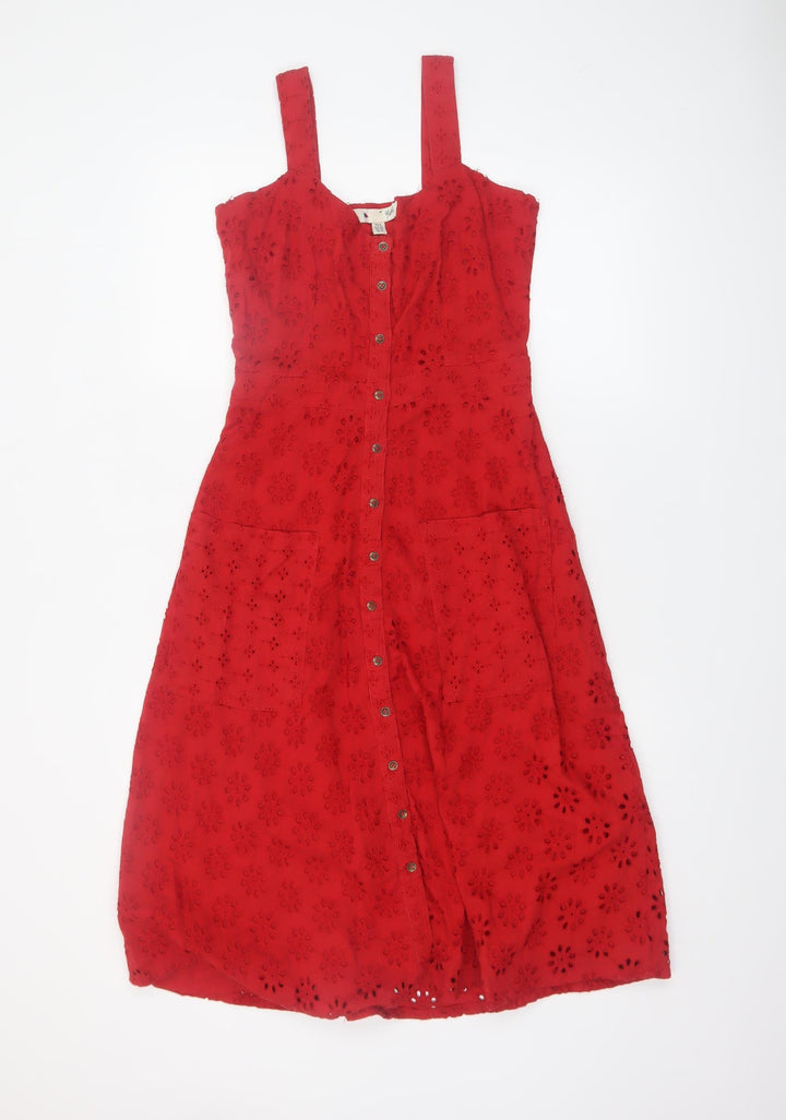 Yumi Women Red Cotton A-Line Sleeveless Knee Length Dress UK 8