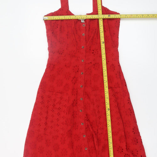 Yumi Women Red Cotton A-Line Sleeveless Knee Length Dress UK 8