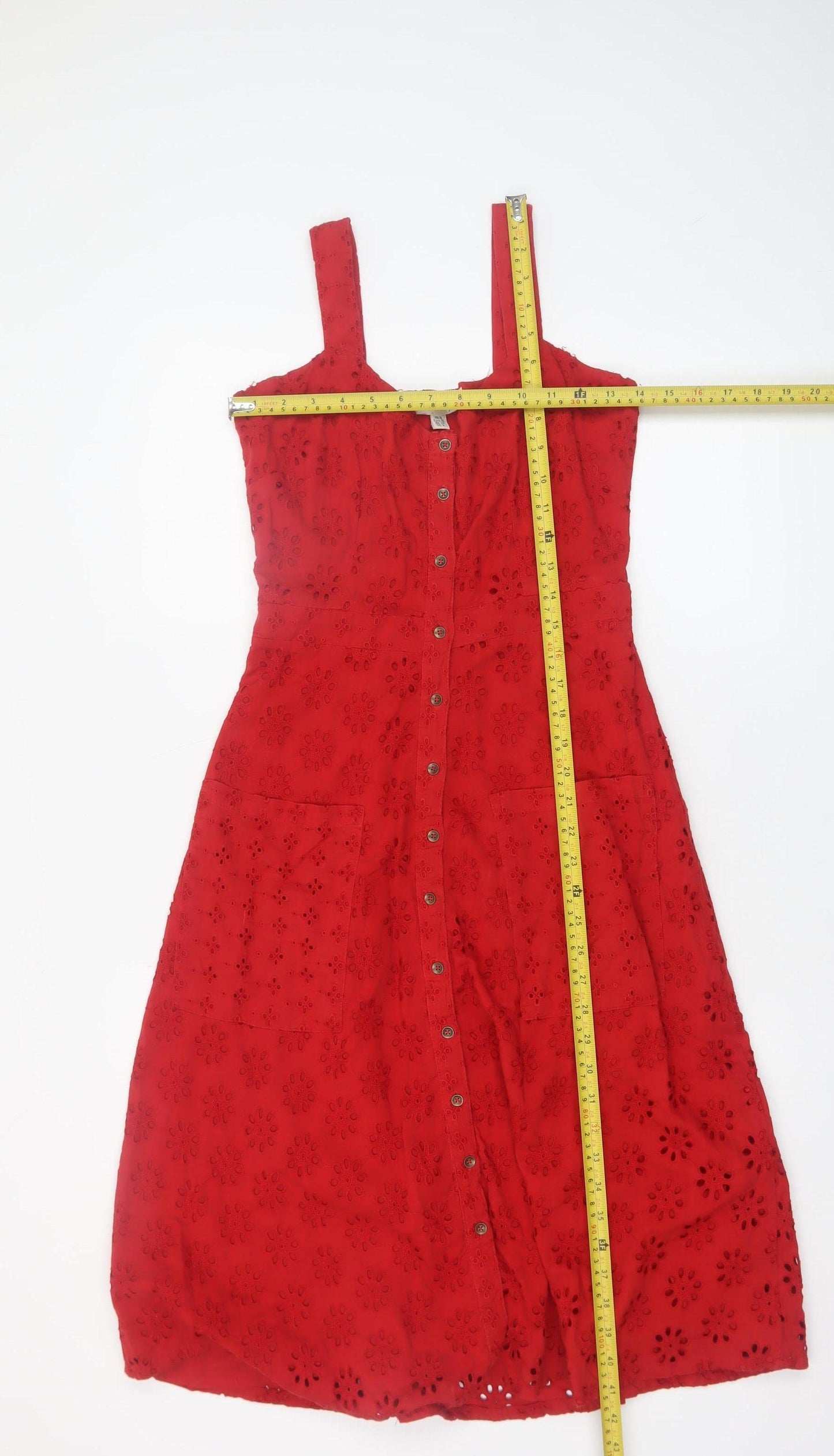 Yumi Women Red Cotton A-Line Sleeveless Knee Length Dress UK 8