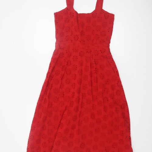 Yumi Women Red Cotton A-Line Sleeveless Knee Length Dress UK 8