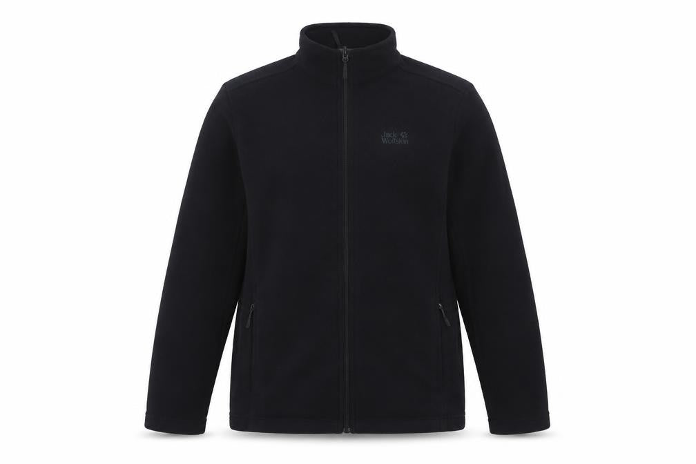 Front view of Jack Wolfskin men’s black fleece full zip outdoor jacket, size S