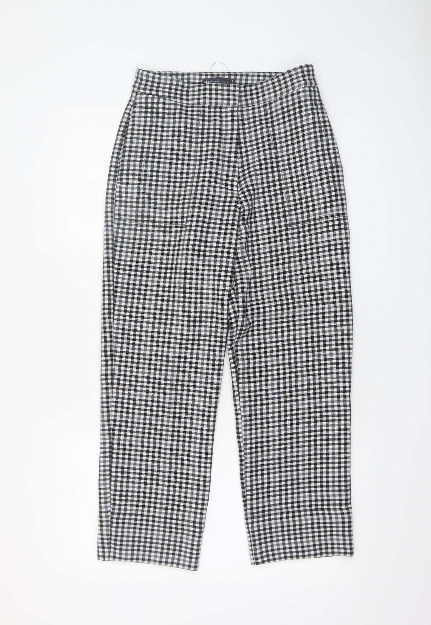 Marks and Spencer Women's Black Check Slim Fit Stretch Trousers Size 8