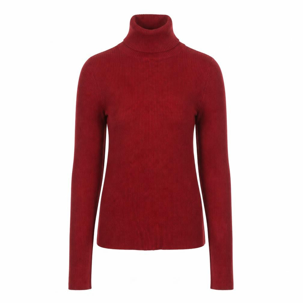 Front view of Miss Selfridge women’s red roll neck slim fit jumper, size UK 6