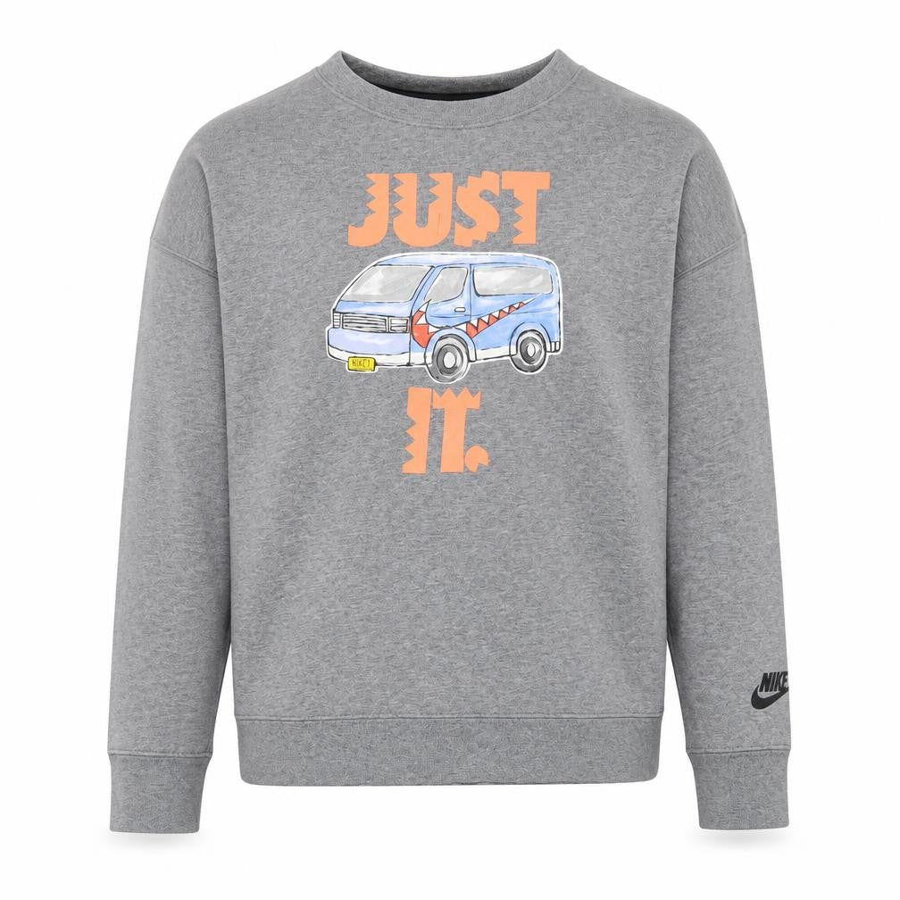 Front view of Nike women’s grey graphic pullover sweatshirt, size UK 16, classic fit