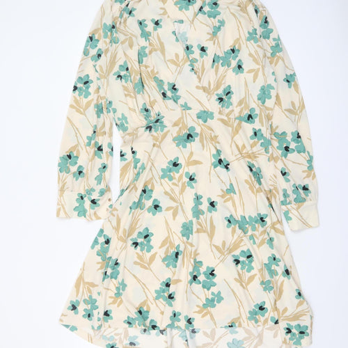 H&M Women's Beige Floral V-Neck Wrap Dress Long Sleeve Size L