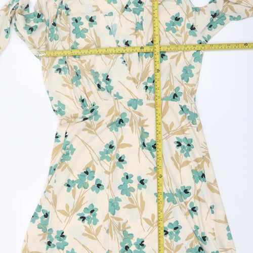 H&M Women's Beige Floral V-Neck Wrap Dress Long Sleeve Size L