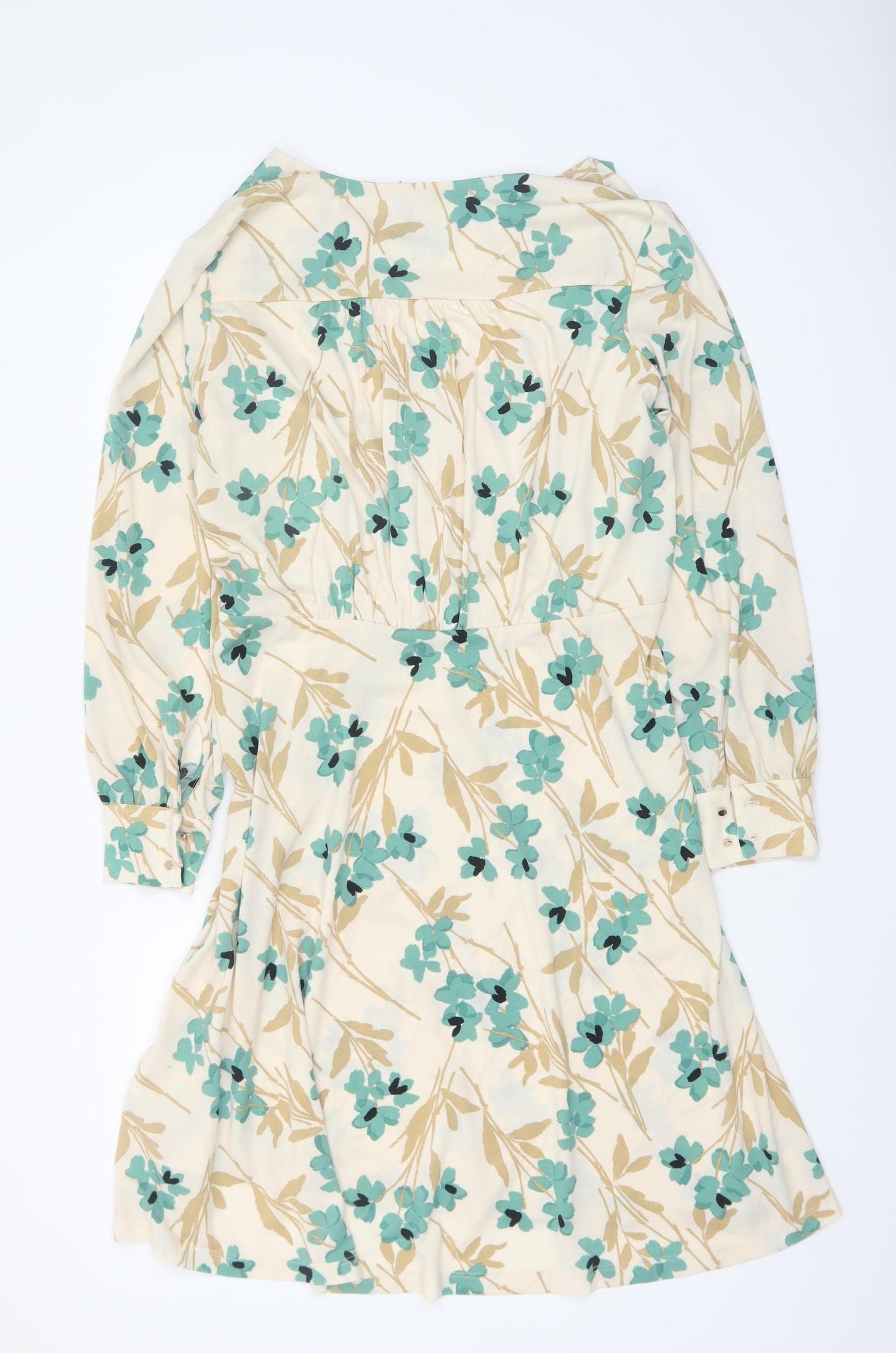 H&M Women's Beige Floral V-Neck Wrap Dress Long Sleeve Size L