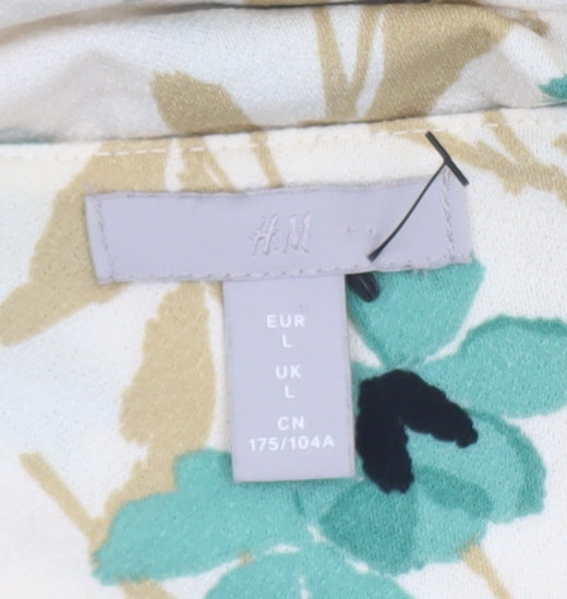 H&M Women's Beige Floral V-Neck Wrap Dress Long Sleeve Size L