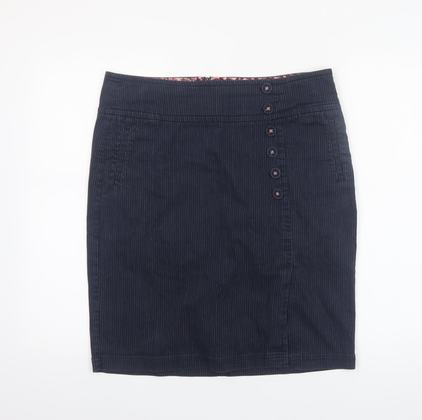 Laura Ashley Women's Blue Cotton Blend Pinstripe Knee Length Pencil Skirt Size 14