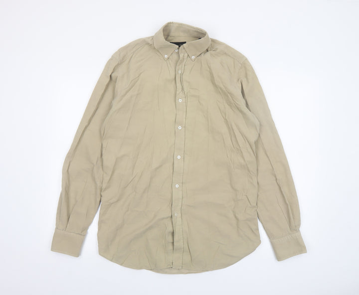 Massimo Dutti Men's Beige Cotton Long Sleeve Button-Up Shirt M