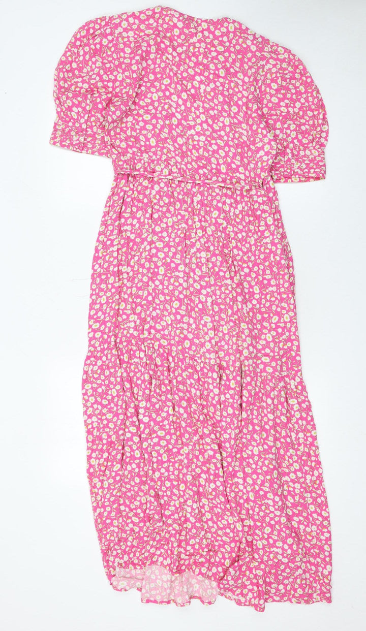 Marks and Spencer Women's Pink Floral V-Neck Wrap Dress Size 6