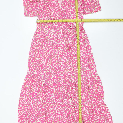 Marks and Spencer Women's Pink Floral V-Neck Wrap Dress Size 6