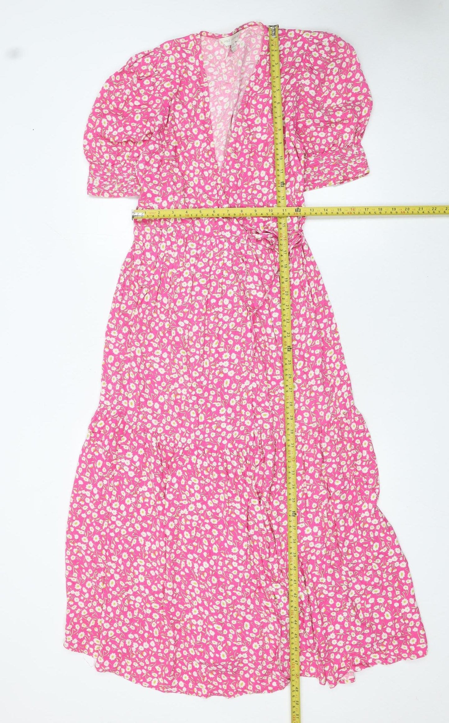 Marks and Spencer Women's Pink Floral V-Neck Wrap Dress Size 6