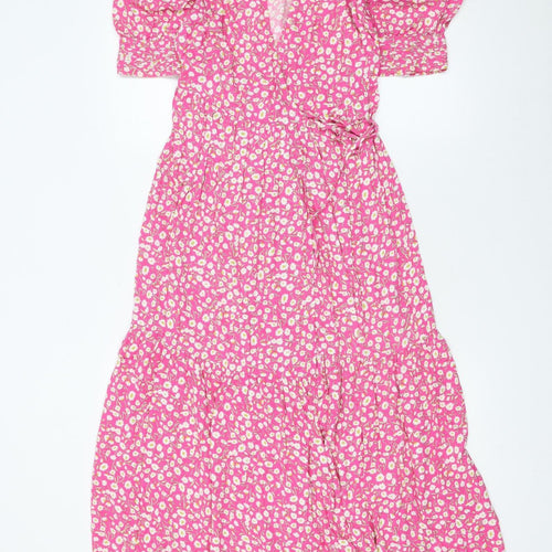 Marks and Spencer Women's Pink Floral V-Neck Wrap Dress Size 6