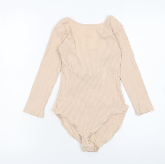 Miss Selfridge Women Beige Long Sleeve Ribbed Bow Bodysuit UK 6