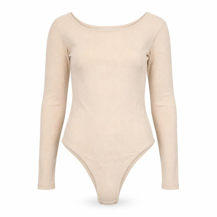 Miss Selfridge Women Beige Long Sleeve Ribbed Bow Bodysuit UK 6