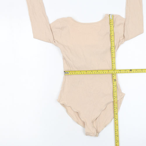 Miss Selfridge Women Beige Long Sleeve Ribbed Bow Bodysuit UK 6
