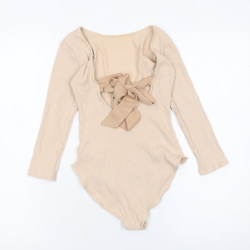 Miss Selfridge Women Beige Long Sleeve Ribbed Bow Bodysuit UK 6