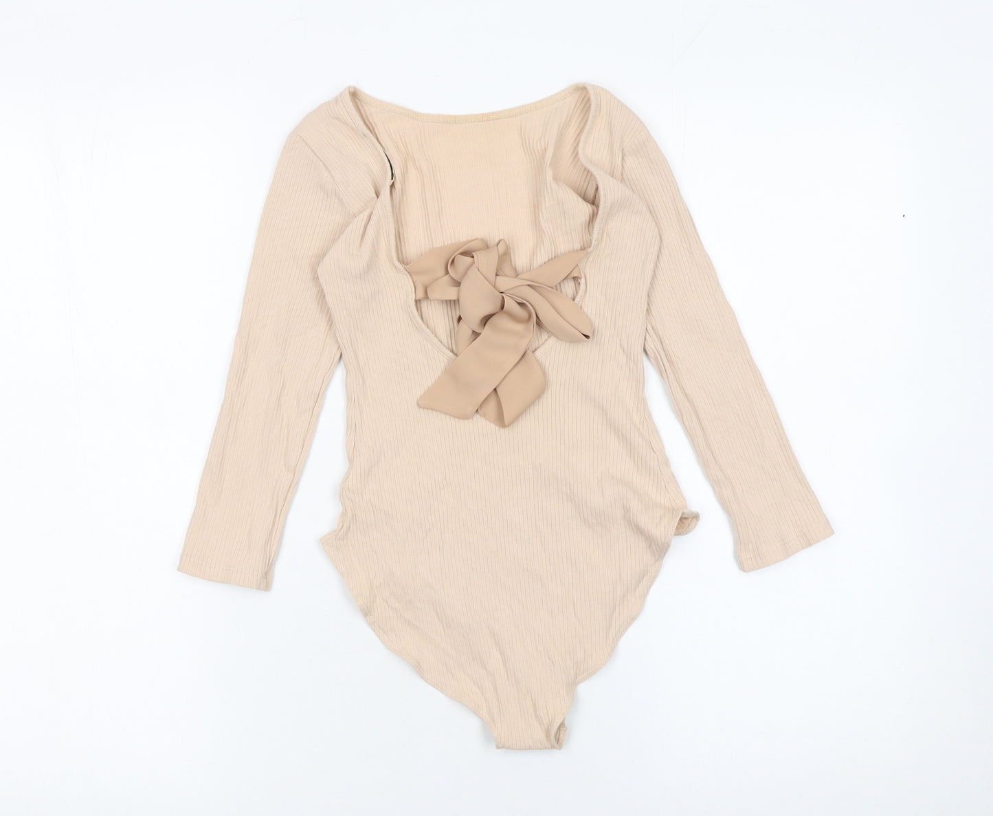Miss Selfridge Women Beige Long Sleeve Ribbed Bow Bodysuit UK 6