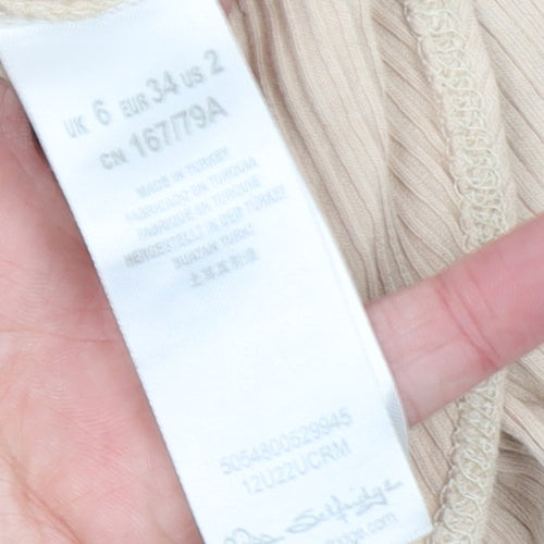 Miss Selfridge Women Beige Long Sleeve Ribbed Bow Bodysuit UK 6