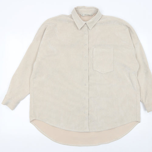 Zara Basic Women Beige Corduroy Button-Up Shirt Size 8