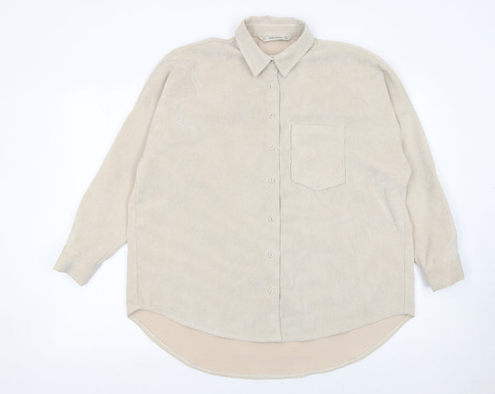 Zara Basic Women Beige Corduroy Button-Up Shirt Size 8